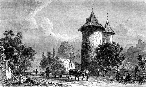 巫师摄影照片_1861 年绘画展，Sion Valais 塔巫师景观