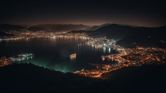 夜间靠近水体的山上的城市灯光