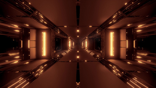 具有酷炫漂亮反射 3d 渲染壁纸背景的未来派科幻隧道走廊