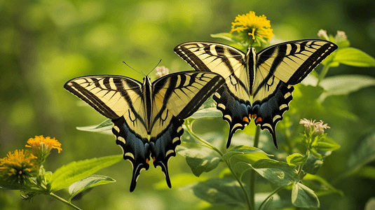 动物蝴蝶摄影照片_老虎燕尾蝴蝶栖息在绿色植物上