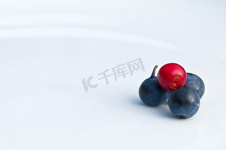 饮食金字塔摄影照片_白盘子上的蔓越莓和蓝莓