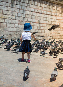 鸽群摄影照片_街上饥饿的鸽群中的小女孩