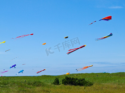 免费中摄影照片_各种色彩缤纷的风筝在明亮的蓝天中飞翔