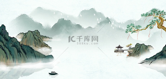 水墨gif动图背景图片_水墨山水松树绿色中国风背景