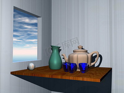小木桌摄影照片_靠窗的木桌，上面放着咖啡壶和杯子