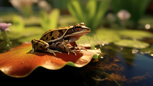垫子摄影照片_百合垫子上的棕色青蛙