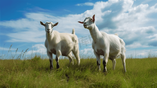 白天蓝天下绿草地上的白山羊和黑山羊