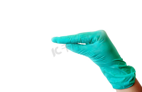 一只戴着蓝色乳胶手套的女性手做出类似于鸭嘴孤立的手势。