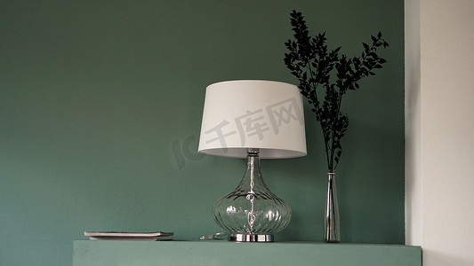 黑色现代简约摄影照片_绿色背景现代简约室内的白色落地灯和花瓶