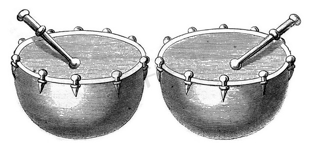 鸡年大吉毛笔字摄影照片_1536 年战争定音鼓，复古雕刻。