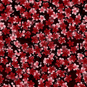 红色花卉摄影照片_无缝图案与盛开的日本樱花树枝，用于织物、包装、壁纸、纺织品装饰、设计、邀请函、印刷品、礼品包装、制造。黑色背景中的粉色和红色花朵