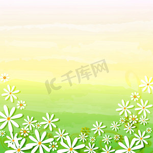 米色绿色背景中的春天花朵