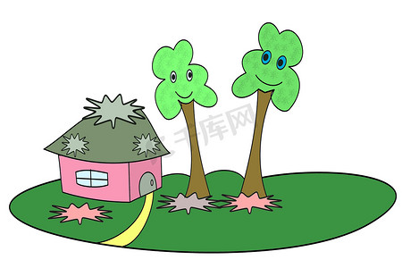 绿色草坪和树木上的小房子