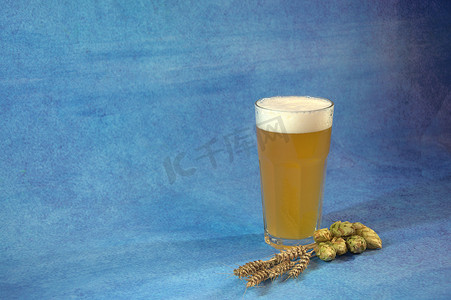 淡蓝色水果摄影照片_蓝色背景中带有泡沫、啤酒花水果和麦穗的淡啤酒杯。