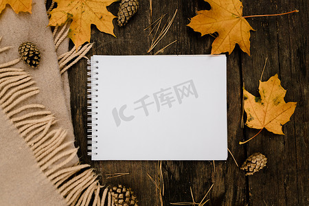 深色背景中的白色空白笔记本和笔，周围有围巾、格子花呢和杯子、秋天的黄叶和松果。