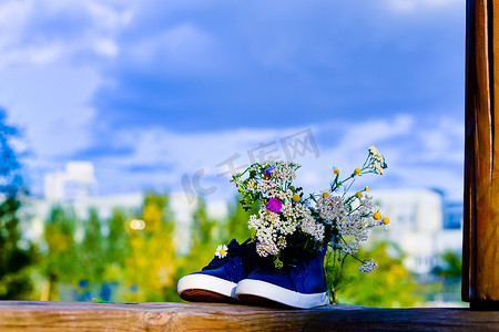 男鞋或女鞋中以洋甘菊为主的野花花束