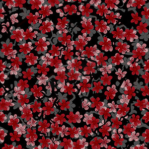 无缝图案与盛开的日本樱花枝条，用于织物、包装、壁纸、纺织品装饰、设计、邀请函、礼品包装、制造。黑色背景上的红色和灰色花朵。