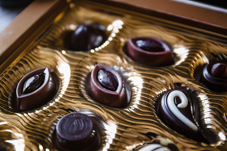 金盒中不同形状的巧克力糖，透视图和模糊