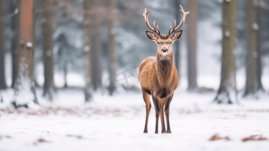 白天站在积雪覆盖的地面上的棕鹿