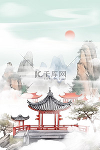 中国水墨山水祥云背景图片_中国风山峰楼阁绿色古风背景