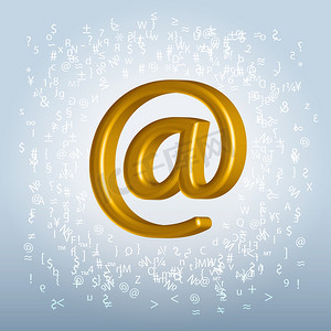 垃圾嘈杂背景上的金色闪亮金属电子邮件符号