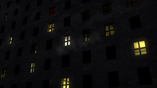 夜间贫民窟黄色中的红色窗户