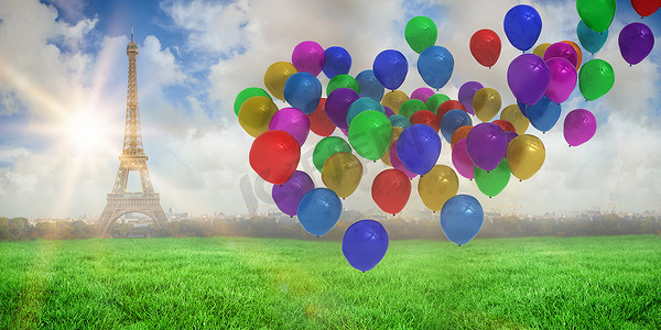 彩色漂浮气球摄影照片_彩色气球的合成图像