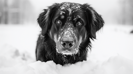 雪摄影照片_雪地上的黑白狗