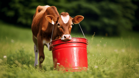 棕色奶牛在红色塑料桶上吃东西