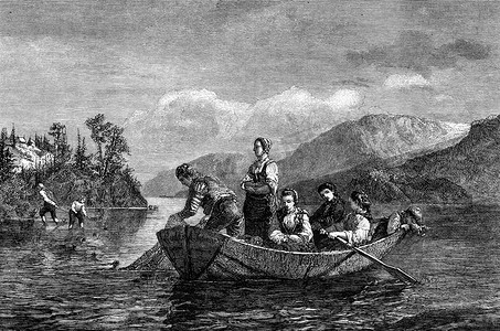 生计摄影照片_Mioessen 湖上的挪威渔民，复古版画。
