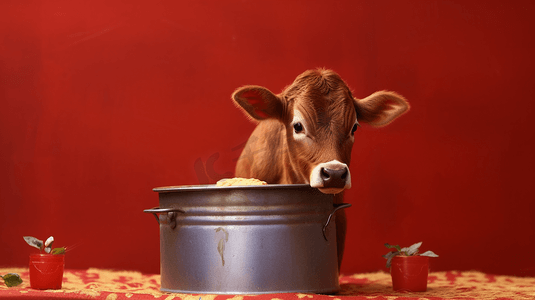 塑料桶摄影照片_棕色奶牛在红色塑料桶上吃东西