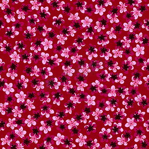 紫红色背景摄影照片_无缝图案与盛开的日本樱花，用于织物、包装、壁纸、纺织品装饰、设计、邀请函、印刷品、礼品包装、制造。红色背景上的粉红色和紫红色花朵。