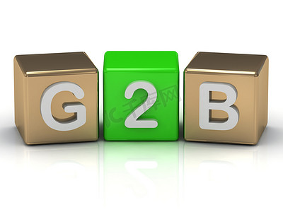 2g摄影照片_金色和绿色立方体上的 B2G 企业对政府符号