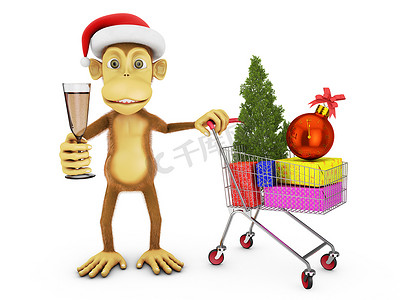 树电子商务摄影照片_戴着圣诞老人帽的猴子
