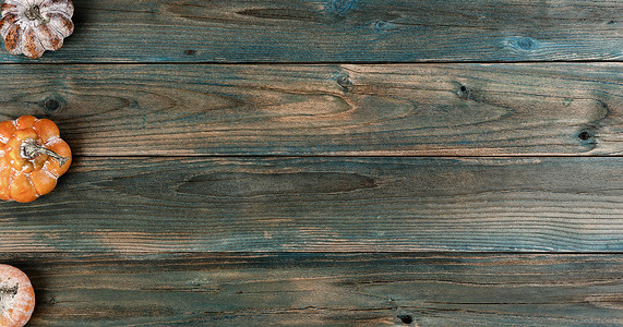 万圣节或感恩节假期背景下褪色的蓝色木板上的老化南瓜