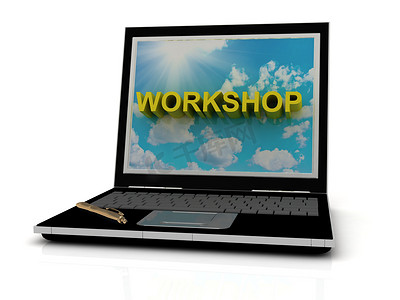 workshop摄影照片_笔记本电脑屏幕上的 WORKSHOP 标志