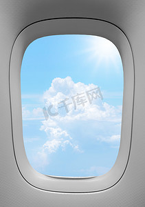蓝色技术呢摄影照片_飞机窗的特写