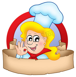 带横幅的圆圈卡通厨师女人