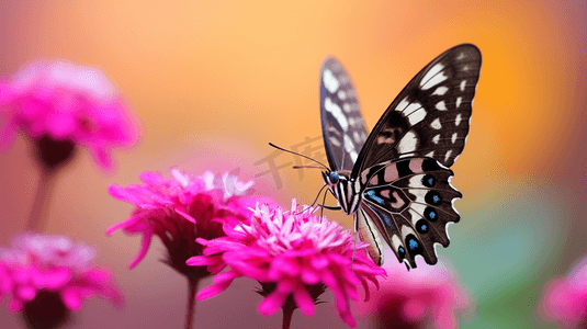 褐黑白相间的蝴蝶栖息在粉色的花朵上