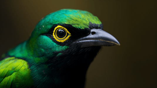 黑色小鸟摄影照片_特写摄影中的绿色和黑色小鸟