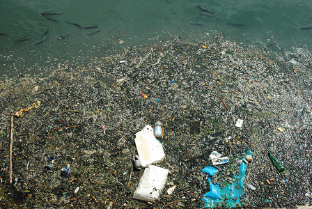 受污染摄影照片_满是垃圾和鱼的受污染河流