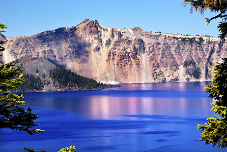 巫师岛 Crater 湖 倒影 蓝色 粉红色 倒影 Oregon