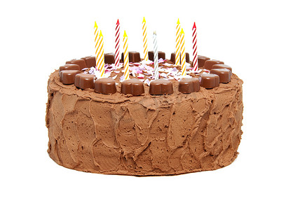 带蜡烛蛋糕摄影照片_带蜡烛的巧克力生日蛋糕