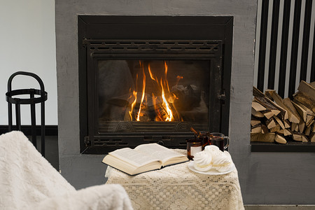 温暖的房间摄影照片_有壁炉的温暖的客厅在当代豪华家。