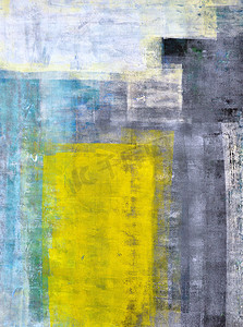 室内设计摄影照片_“灰色、蓝绿色和黄色抽象艺术绘画”