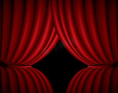 “带波浪的红色剧院丝绸窗帘背景，插图”