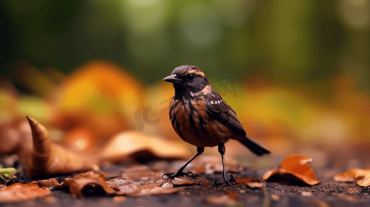 黑色小鸟摄影照片_倾斜移位镜头中的棕色和黑色小鸟