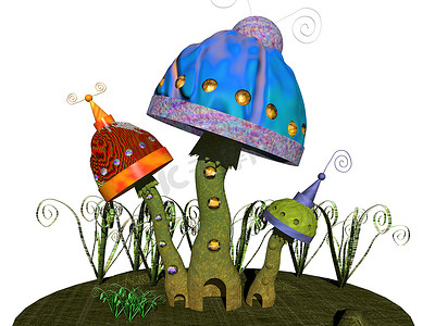卡通绿色蘑菇摄影照片_彩色卡通蘑菇当矮人住所