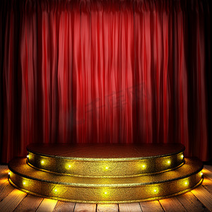 活动背景布幕摄影照片_金色舞台上的红色布幕