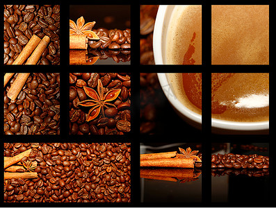 kafe摄影照片_不同咖啡动机的拼贴（收藏）背景